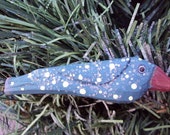 Carved Driftwood Blue Bird Pin, Blue Polka Dot Brooch