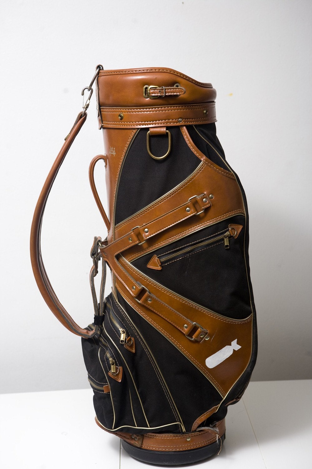 Vintage Black and Tan Golf Bag Upcycled with Dropping Bombs