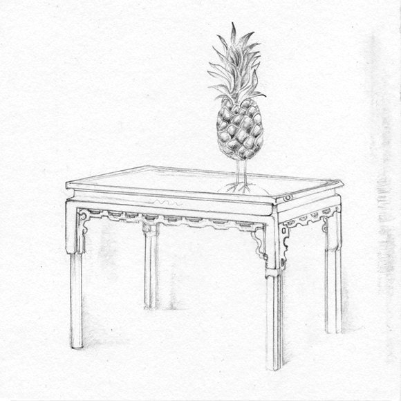 Surreal Pencil Drawing Pineapple Bird Antique Table