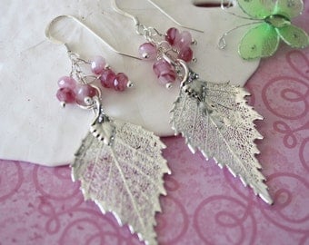 Pink Leaf Earrings, Real Leaf Silver Earrings, Silver Birch Earrings