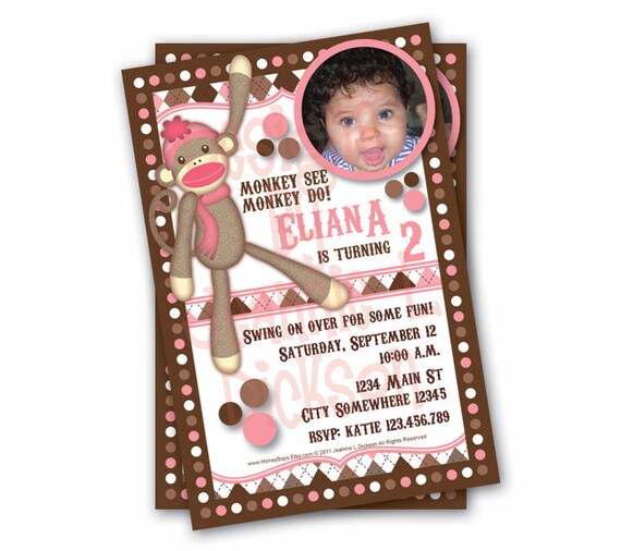 Sock Monkey Invitation Pink Birthday, Baby Shower, personalized - DIY printable JPG file Il_570xn