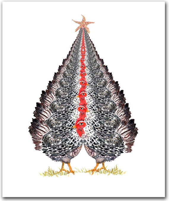 Chicken Tree Christmas cards black and white chicken