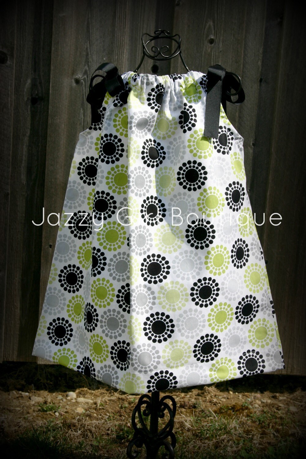 Girls Pillowcase Dress Glamour Girl Dot with Black Ribbon Ties