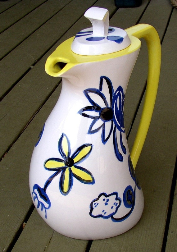 Ceramic Teapot tall teapot white Blue and Yellow by