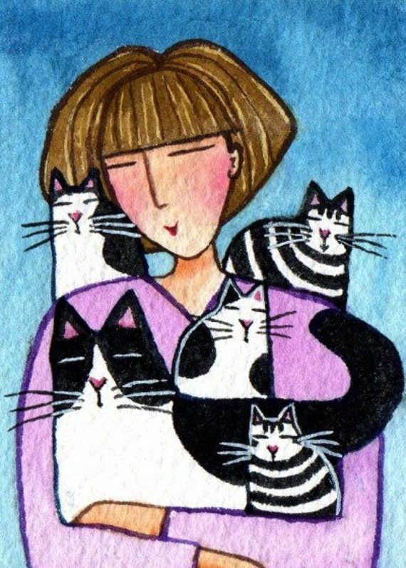 Crazy Cat Lady and Kittens...Original ACEO by SusanFayePetProjects