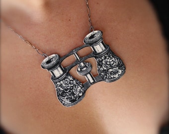 I Spy Binoculars Necklace - Opera Glasses - Shrink Plastic - Victorian Print - Black and White Image - Binoculars - I Spy - Gift - Opera