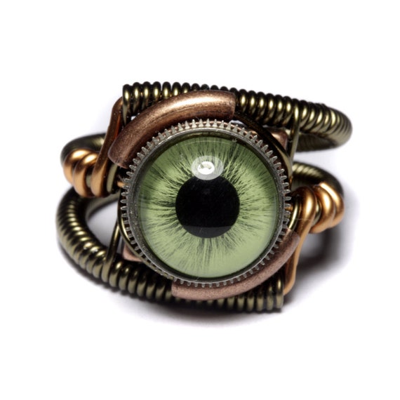 Eyeball ring Green taxidermy glass Eye Bronze copper finish