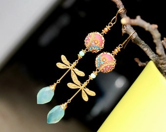 Peruvian Opal Chalcedony jewelry, Amazonite,golden pearl, clay floral on Vintage brass filigree dragonfly gold earrings - The DragonFly Gal