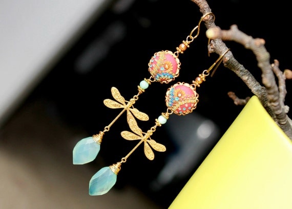 Peruvian Opal Chalcedony jewelry, Amazonite,golden pearl, clay floral on Vintage brass filigree dragonfly gold earrings - The DragonFly Gal