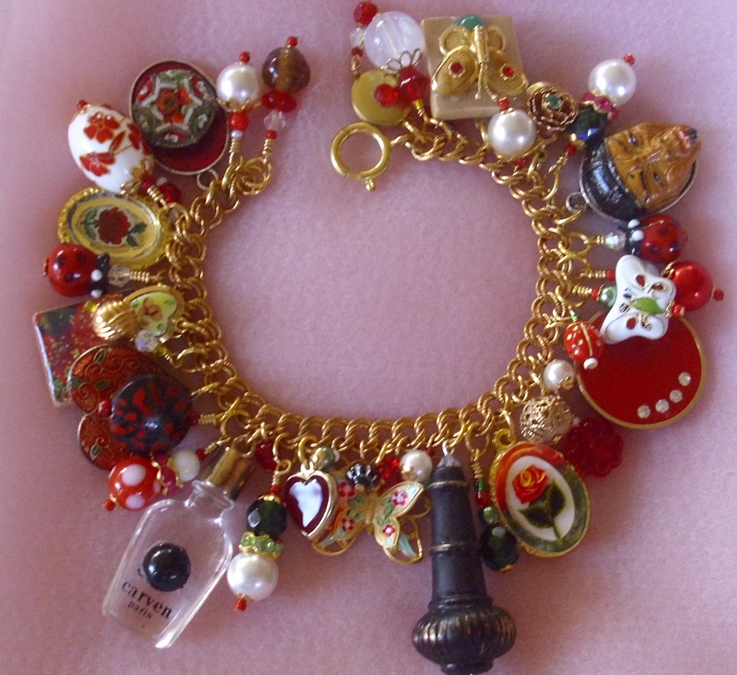 Feminine Whimsy Jeannie's Bottle Red Floral Charm Bracelet