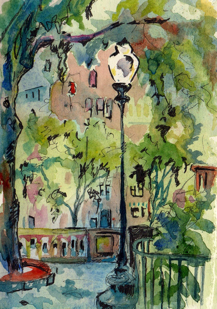 Street Scene Art Print of Original Watercolor and Ink