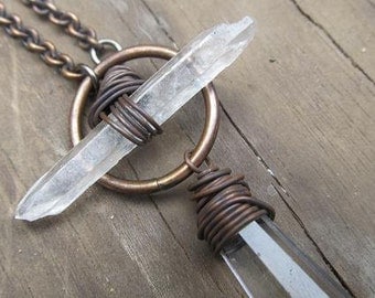 Quartz Long Necklace Statement Necklace Wire Wrap Necklace Rustic Jewelry DanielleRoseBean Long Crystal Necklace