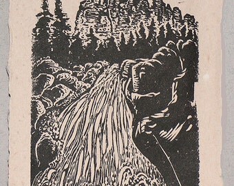 Original Art Woodcut Print Landscape Utah Cedar Breaks Waterfall on Handmade Paper