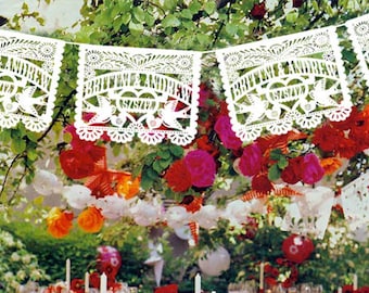 4 pack - Personalized Wedding Garland Papel Picado White or Multi color Banners LOVE BIRDS Fiesta - Mexican Hand Cut Tissue with names date
