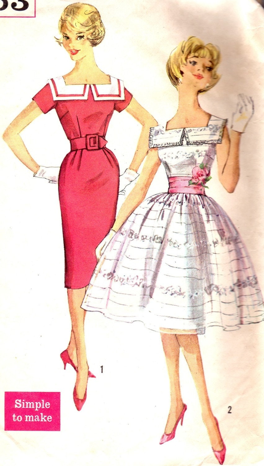 1950s Dress Pattern Simplicity 3453 Square Neck Dress Full Or 1663