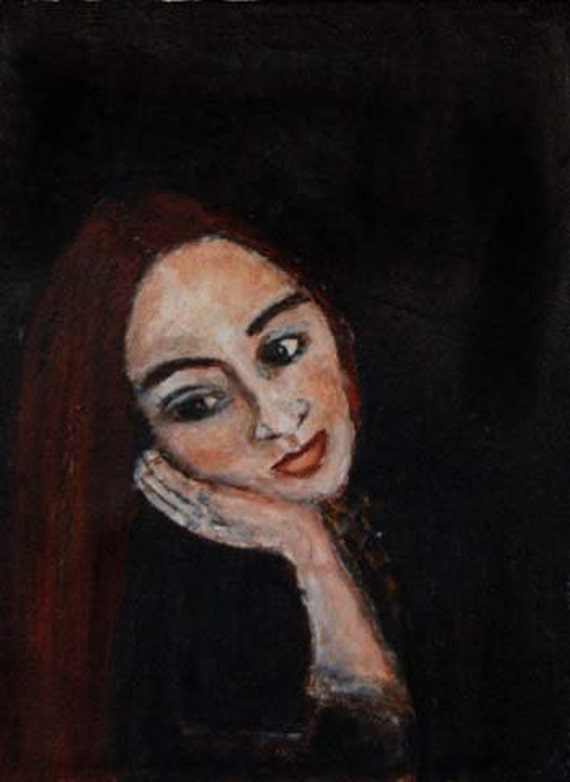 Acrylic Portrait Painting , Girl lost in thought, Romantic art, 9x12, Original, wrapped canvas