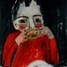 Acrylic Portrait Painting Boy eating cheeseburger plate of french fries original 11x14 canvas