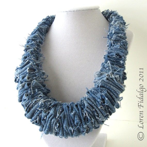 Denim Necklace Jean Fabric Necklace Fiber Necklace Blue