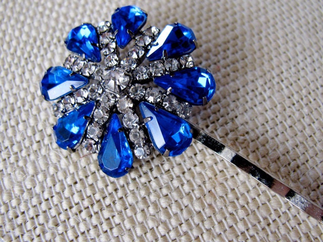 Vintage Style Blue Sapphire Hair Pin Blue Holiday Sparkle