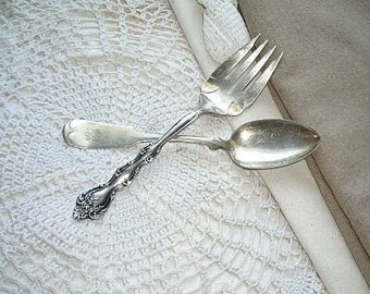 silver serving spoon and fork - monogrammed silverware - shabby chic cottage decor - hollywood regency