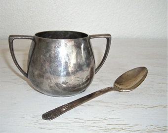 silver sugar bowl and spoon - tarnished mercury glass patina sugar pot - shabby cottage chic vase for flowers - ornate hollywood regency