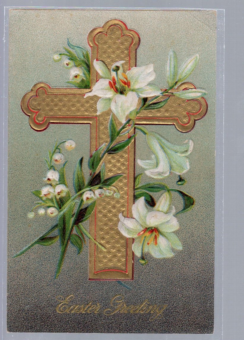 Easter Postcard Cross With Lilies Religious Unique