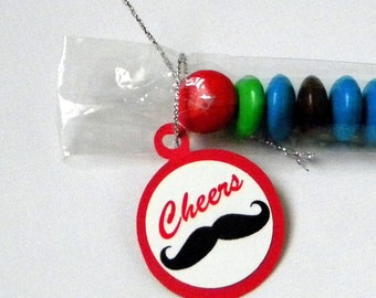 Mustache Party Favors, Candy Treat Bags, Cheers, Set of 12, Moustache, Red, White, Black