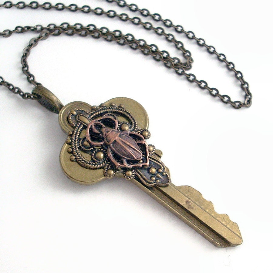 Egyptian Scarab Key Necklace Handmade Jewelry Key Pendant