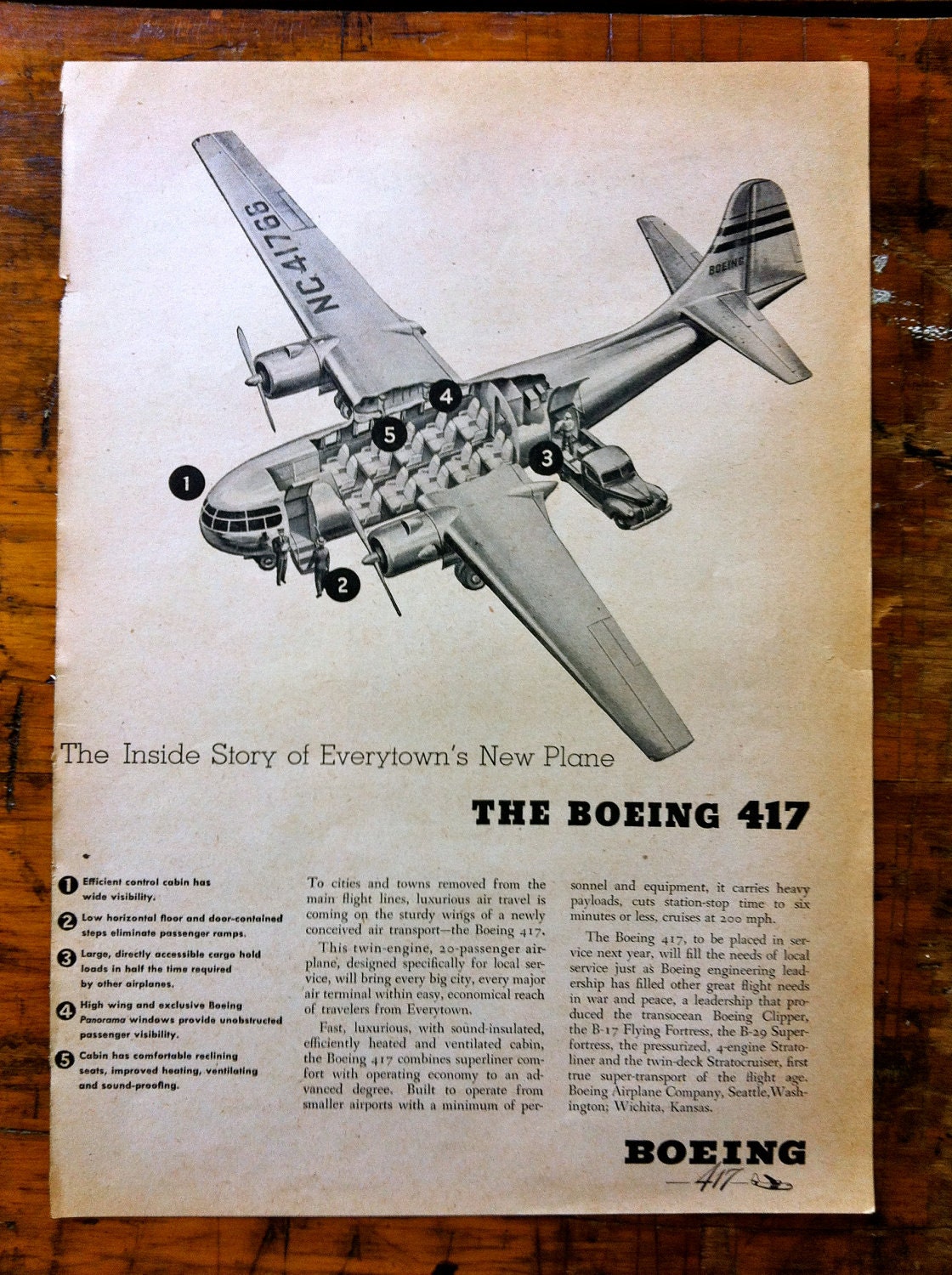 Vintage 1940's ad Boeing 417 Airplane Travel and