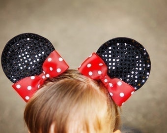 Minnie Mouse Ear Hair Clips...With Bows...Sequin Glamour Minnie Mouse...Size Small...You Pick Bow Color...Small, Large Available