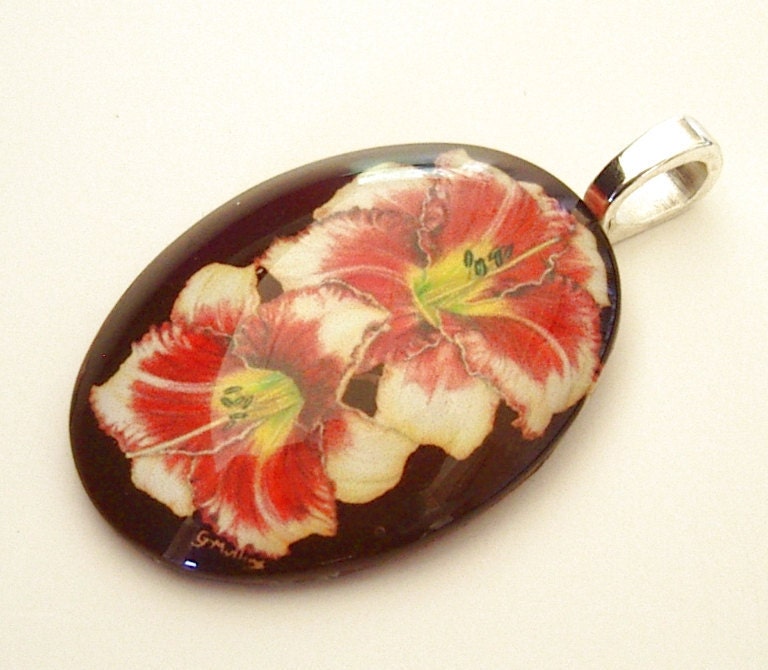 Daylily Jewelry Pendant Cream Peach Red Maroon EyeSpots Oval
