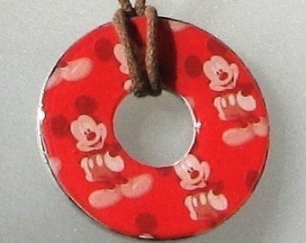 Mickey Mouse Ruby Red Washer Upcycled Papers Hardware Pendant Necklace