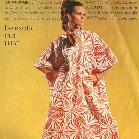 "Be exotic in a JIFFY." Marola Witt models Simplicity 7173 in Simplicity Fashion News, July 1967