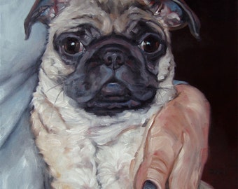 Pug Hugs, custom Pet Portrait Oil Painting by puci, 12x12"