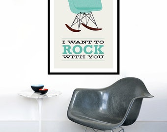 Eames poster print Mid Century Modern chair lounge Herman Miller kitchen art retro office - I Want To Rock With You 2 Aqua 50 x 70 cm
