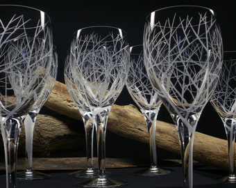 8 Wine Glasses Hand Engraved Crystal Glass 'Reaching Branches' Holiday Tableware Winter Weddings Fall Bar ware