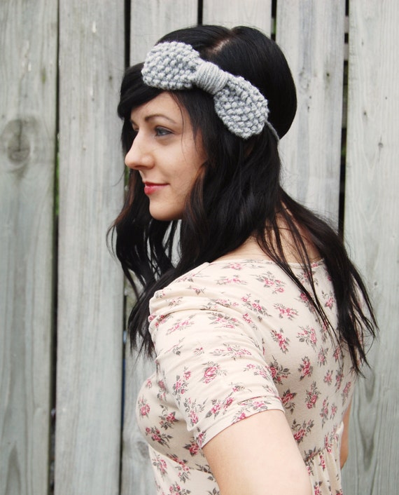 Knit Headband in Grey with Large Bow // Adult Light Gray Bow // Preppy ...