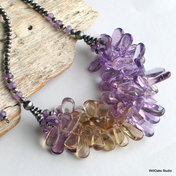 Items similar to Bib Necklace in Lavender Yellow Gemstones, Ametrine ...
