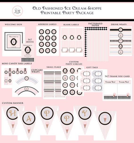 ice cream shop printable party decor package and invitation