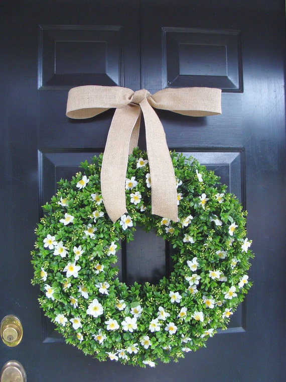 SPRING WREATH SALE Boxwood Wreath Burlap Ribbon, Floral Arrangement, Outdoor Decoration, Spring Wreath, Year Round Wreath, Front Door Floral