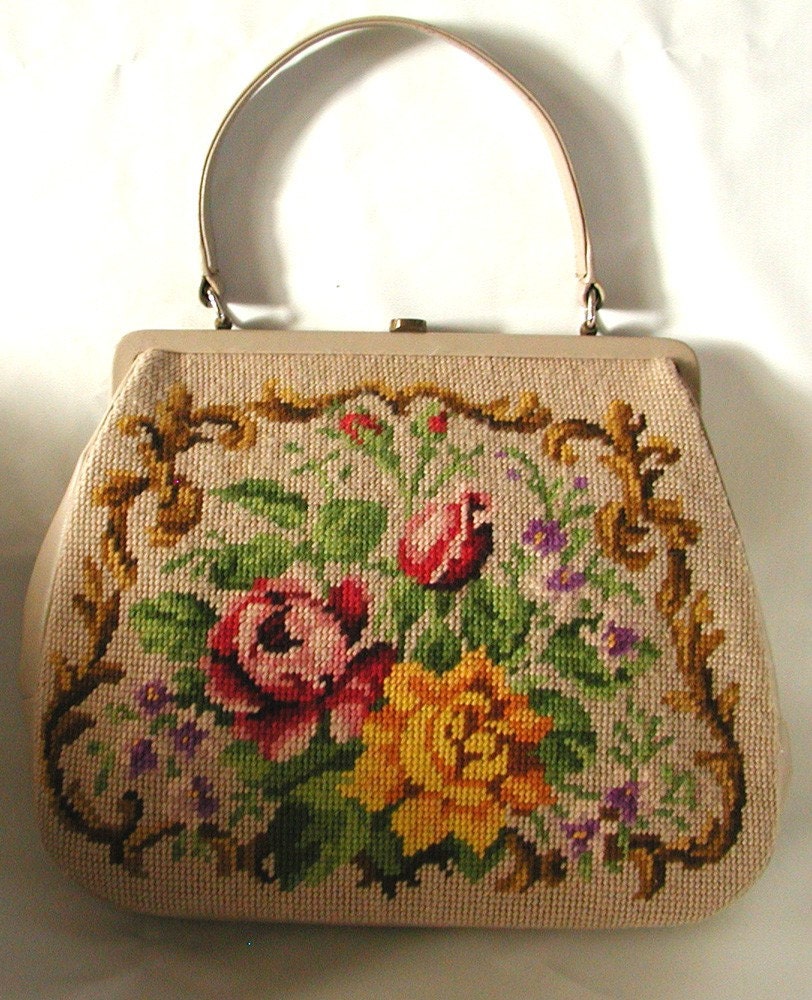 Vintage Floral Needlepoint Handbag