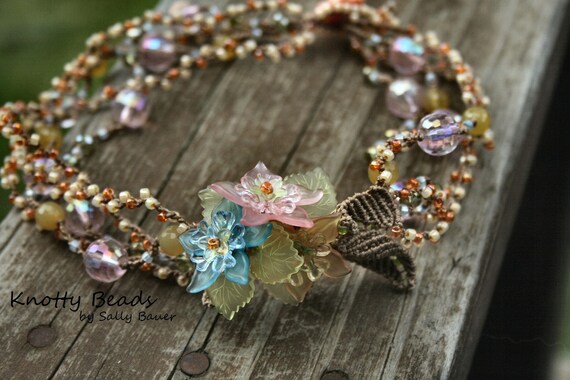Pastel Floral Knotted and Beaded Necklace by KnottyBeadsbySally