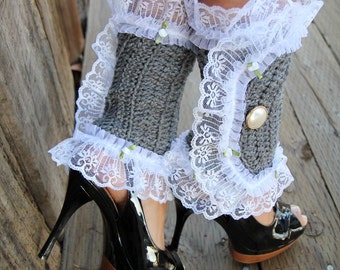 Victorian Style Leg Warmers - Crochet and Lace Spats in Heather Grey - Kawaii Fashion Accessories - Lots of Colors