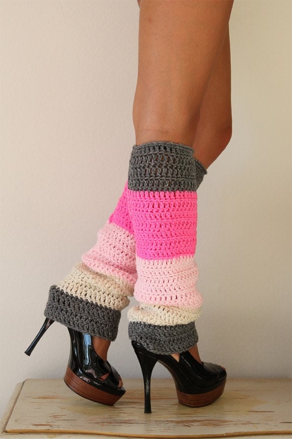 Color Block Leg Warmers Hot Pink Ivory Grey