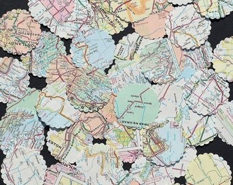 Map Paper Circles- 100 United States road atlas recycled circle paper punches, craft supplies, travel party decor, map wedding confetti