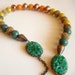 Carved Stone Necklace Vintage Lucite Brass Beads Fall Jewelry Emerald Chartreuse Mustard