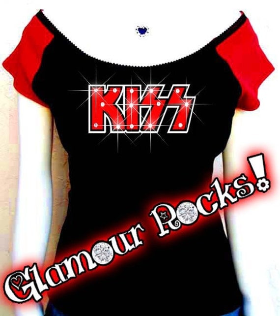 Kiss Band Concert Rhinestone Off Shoulder Raglan Tee Top Shirt