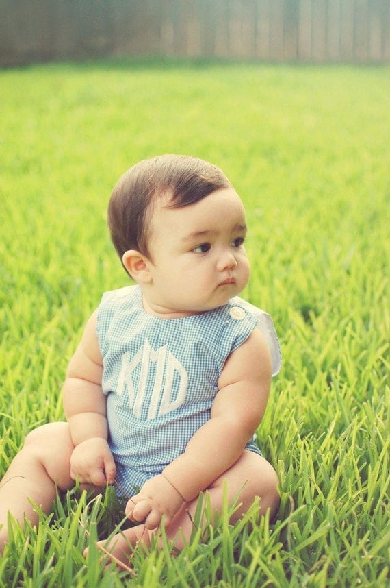 Boys Baby Blue Gingham Romper with Monogram sizes 3mon4T