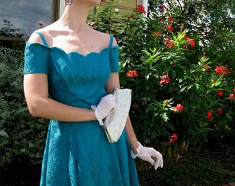 1980s Teal Brocade Short Party Dress