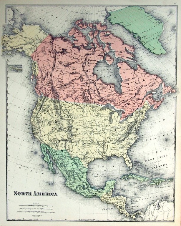 1880 Antique Map of North America North America by bananastrudel